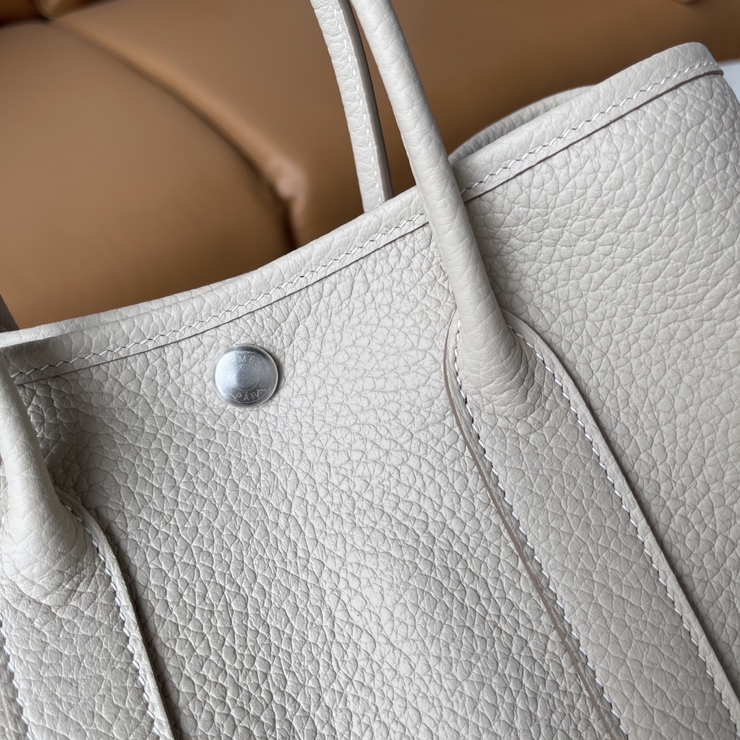 Hermes Garden Party 30cm Tote Handbag In Pearl White Clemence Leather